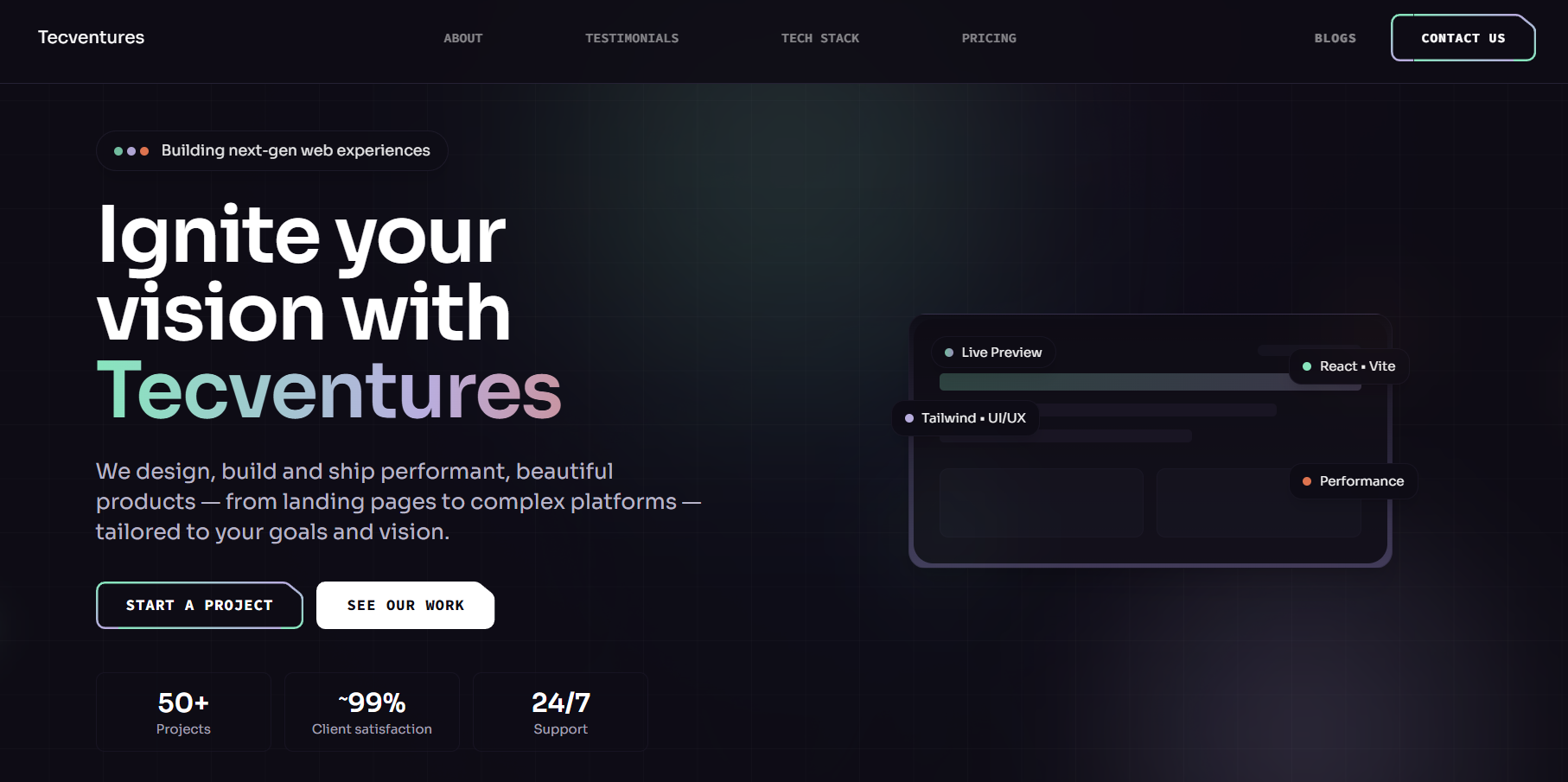 Tecventures agency landing page screenshot
